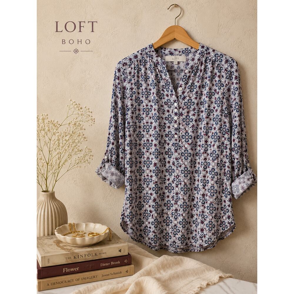 LOFT Boho Medallion Print Tunic Blouse Small Rayon Roll Tab Sleeve Top